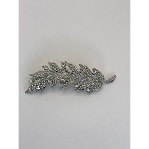 Silver Tone Rhinestone and Faux Pearl Feather Brooch Pin